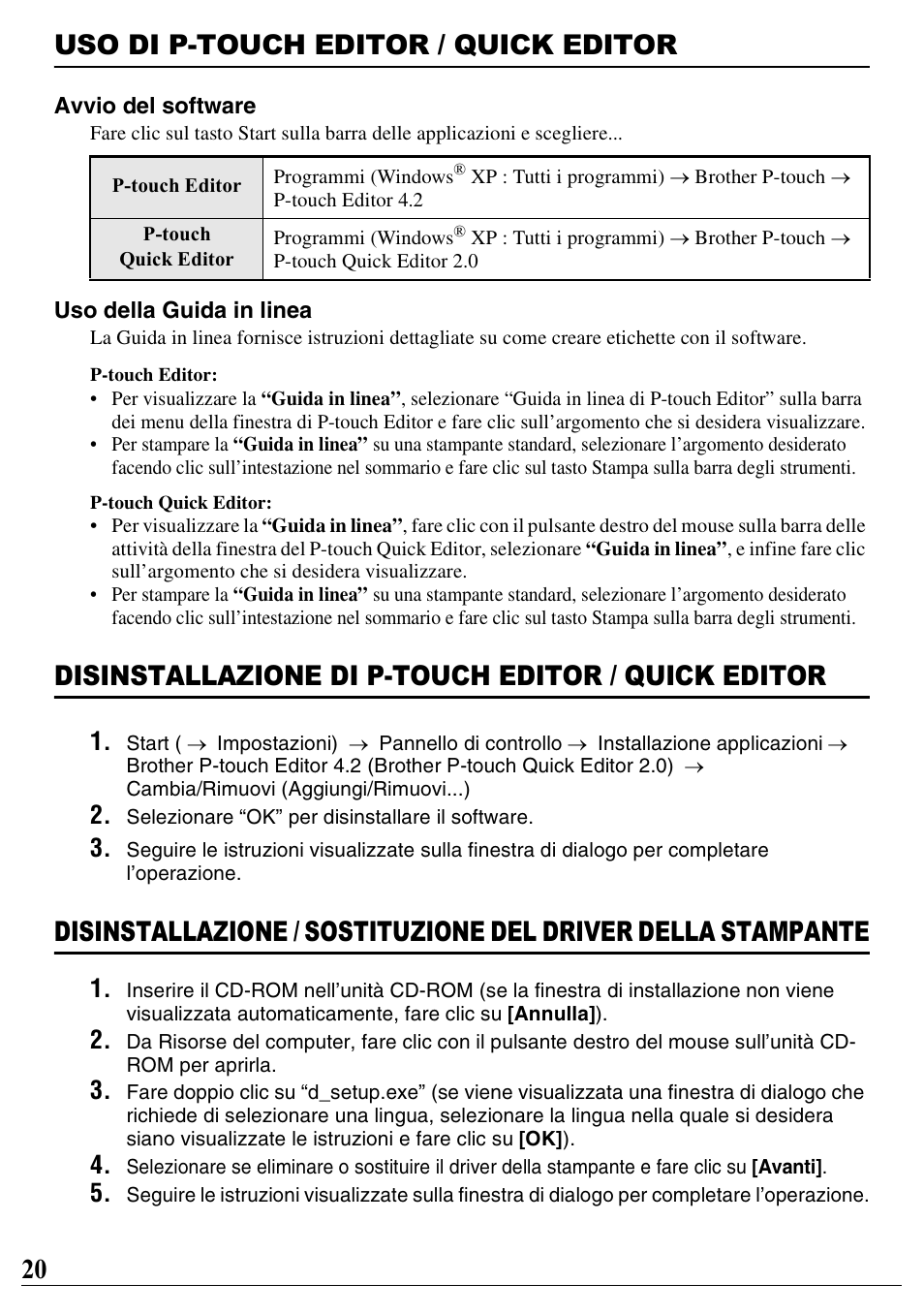 Uso di p-touch editor / quick editor, Disinstallazione di p-touch editor / quick editor, 20 uso di p-touch editor / quick editor | Brother PT-2100 User Manual | Page 21 / 46