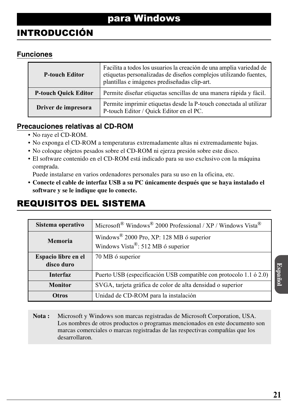 Español, Para windows, Introducción | Requisitos del sistema | Brother PT-2100 User Manual | Page 22 / 46