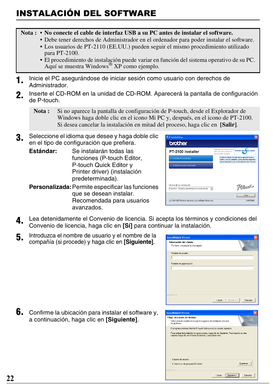 Instalación del software, 22 instalación del software | Brother PT-2100 User Manual | Page 23 / 46