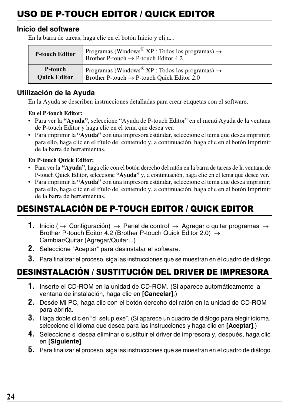 Uso de p-touch editor / quick editor, Desinstalación de p-touch editor / quick editor, 24 uso de p-touch editor / quick editor | Brother PT-2100 User Manual | Page 25 / 46