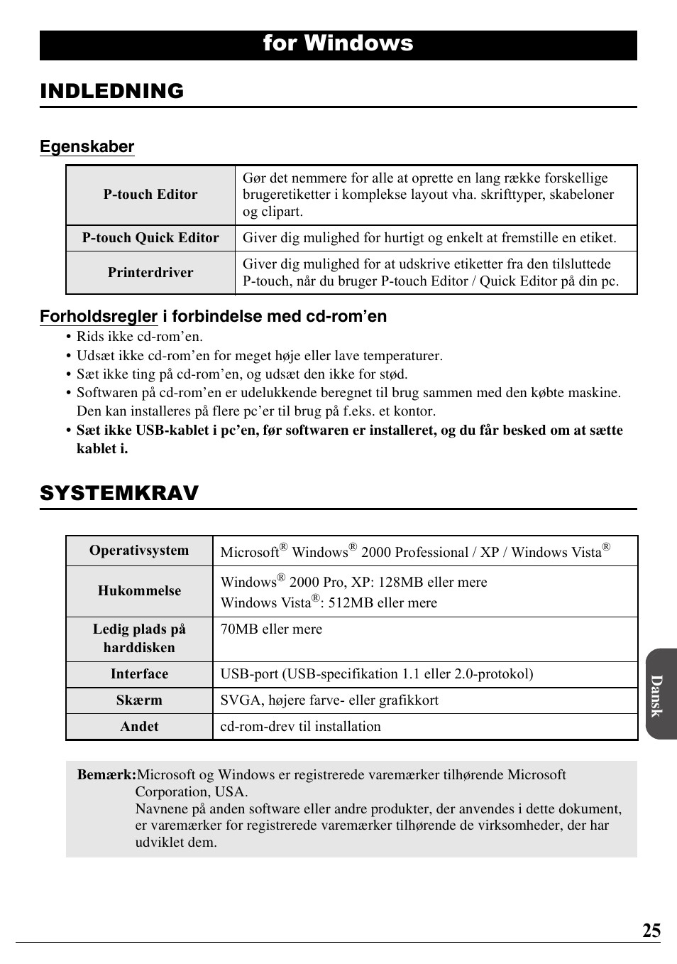 Dansk, For windows, Indledning | Systemkrav | Brother PT-2100 User Manual | Page 26 / 46