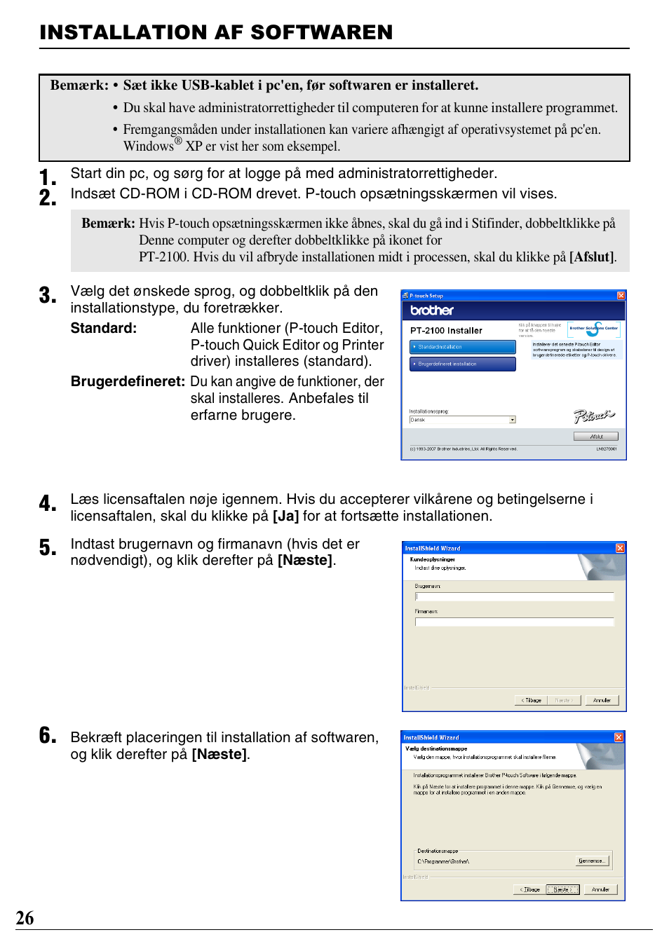 Installation af softwaren, 26 installation af softwaren | Brother PT-2100 User Manual | Page 27 / 46