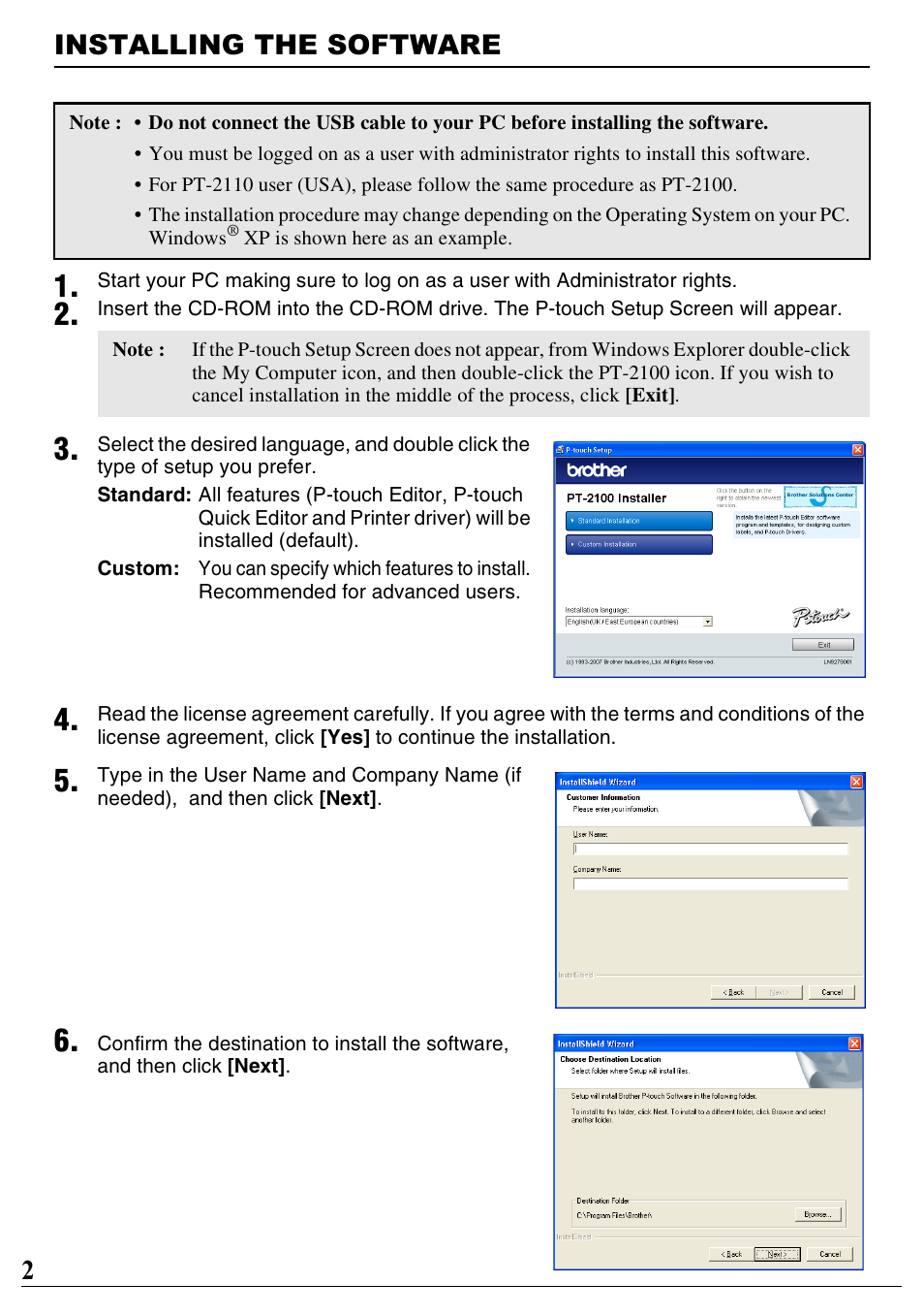 Installing the software, 2installing the software | Brother PT-2100 User Manual | Page 3 / 46