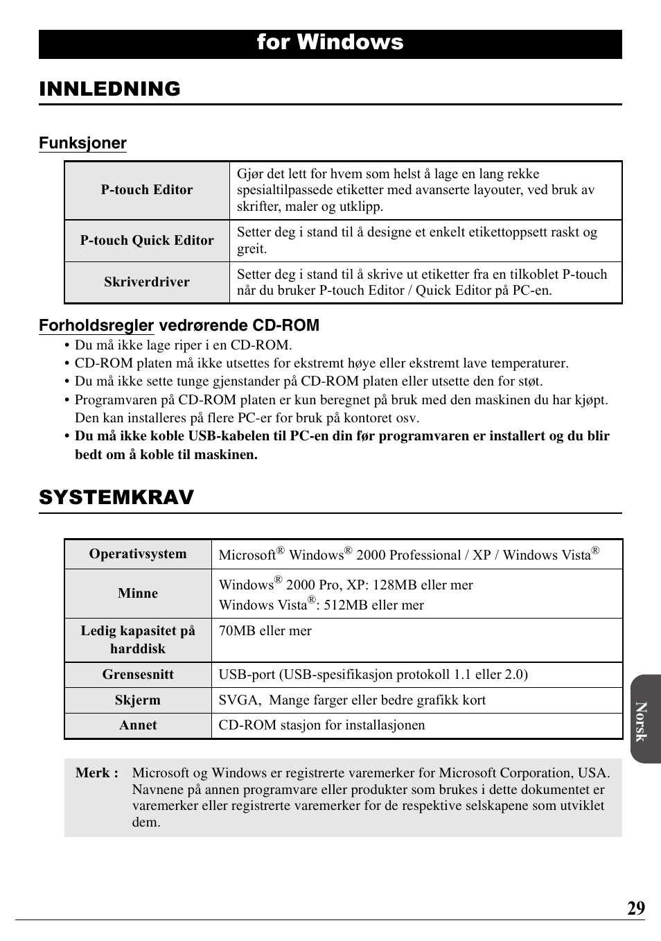 Norsk, For windows, Innledning | Systemkrav | Brother PT-2100 User Manual | Page 30 / 46