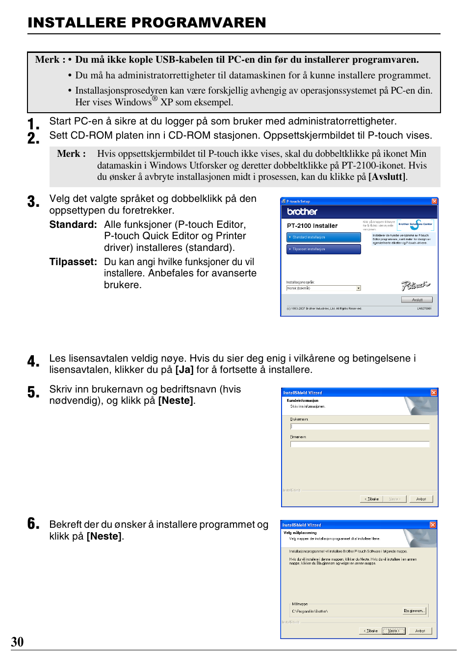 Installere programvaren, 30 installere programvaren | Brother PT-2100 User Manual | Page 31 / 46