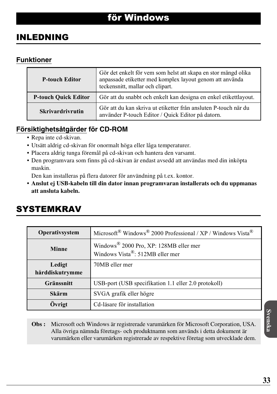 Svenska, För windows, Inledning | Systemkrav | Brother PT-2100 User Manual | Page 34 / 46
