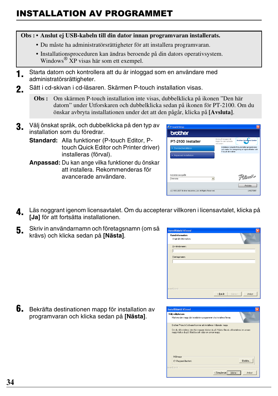 Installation av programmet, 34 installation av programmet | Brother PT-2100 User Manual | Page 35 / 46