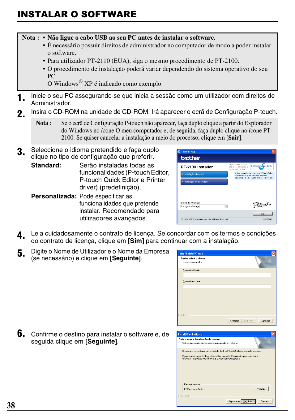 Instalar o software, 38 instalar o software | Brother PT-2100 User Manual | Page 39 / 46
