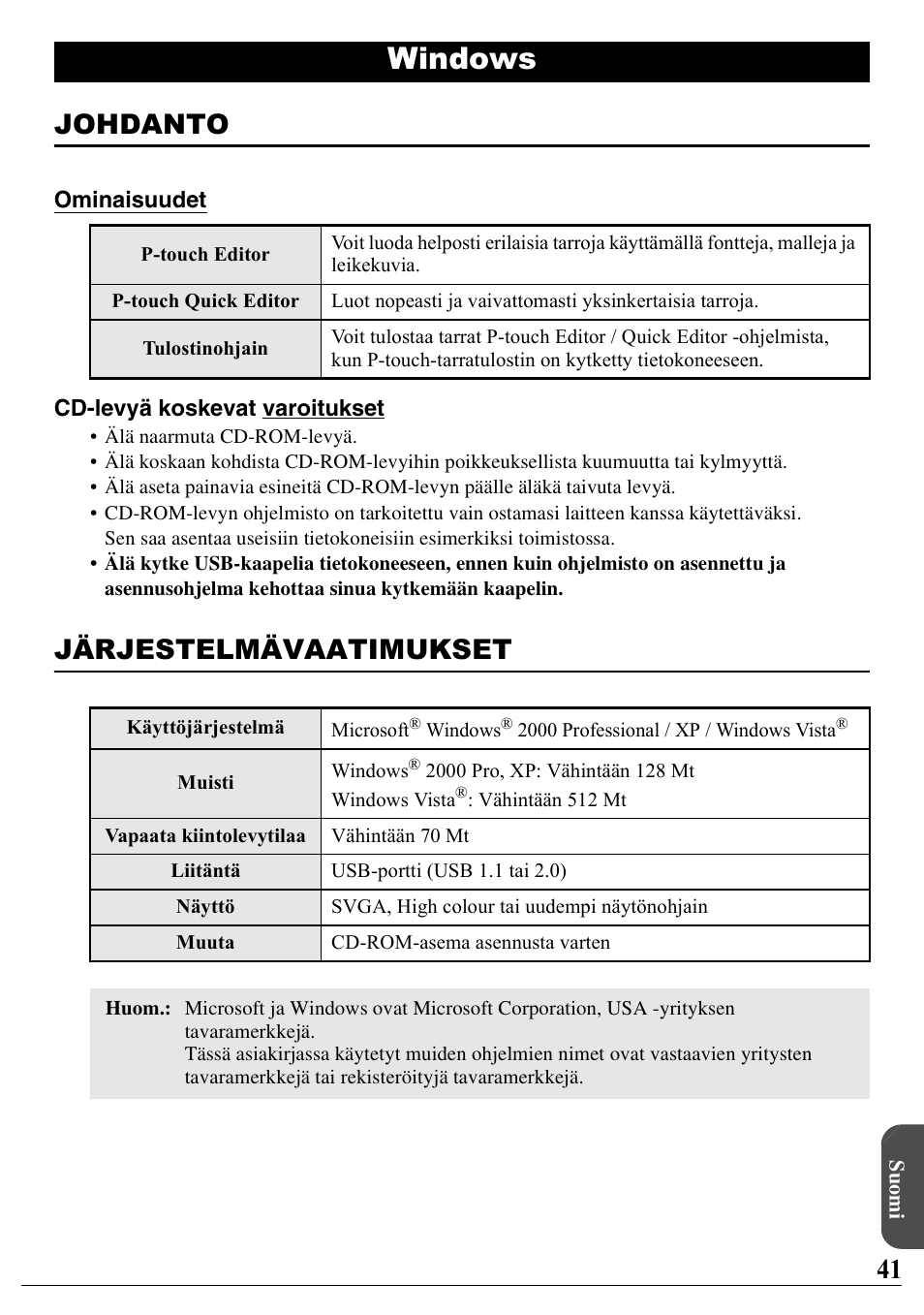 Suomi, Windows, Johdanto | Järjestelmävaatimukset | Brother PT-2100 User Manual | Page 42 / 46