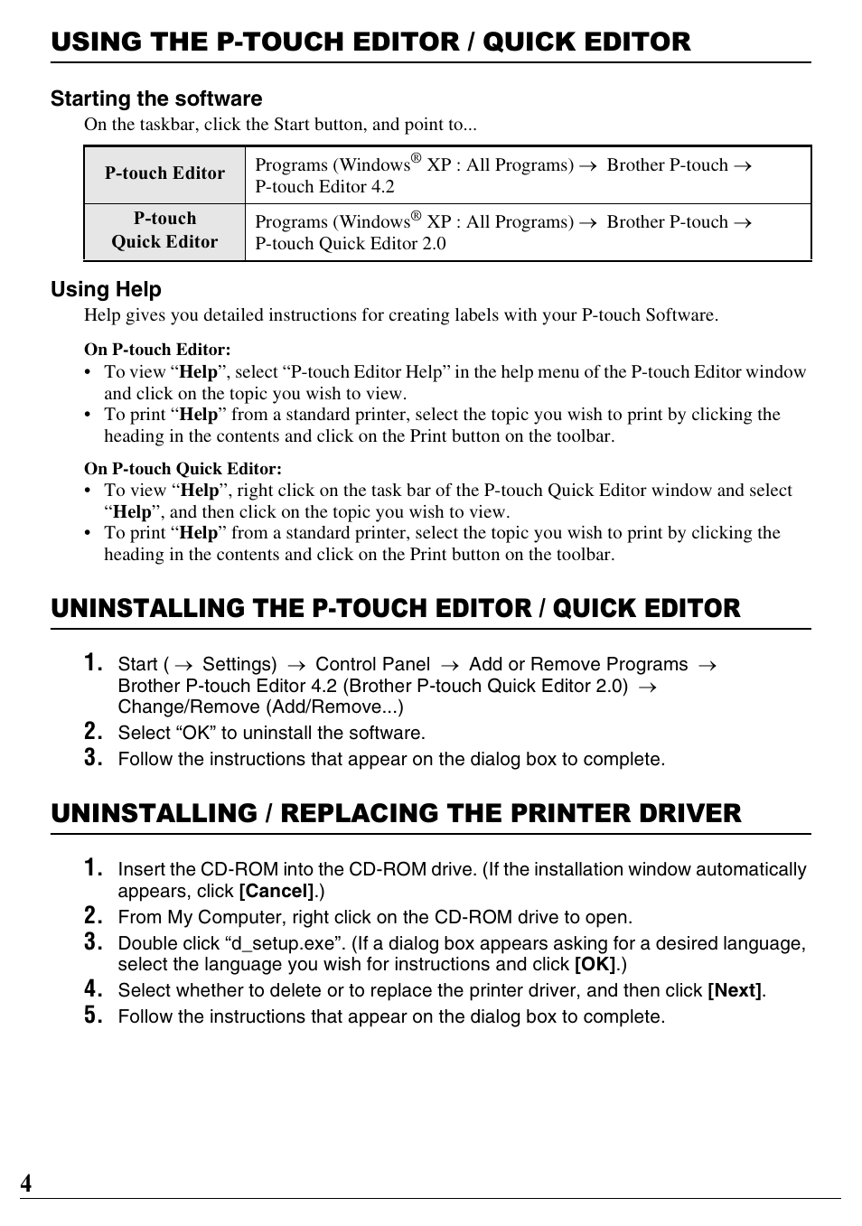 Using the p-touch editor / quick editor, Uninstalling the p-touch editor / quick editor, Uninstalling / replacing the printer driver | 4using the p-touch editor / quick editor | Brother PT-2100 User Manual | Page 5 / 46