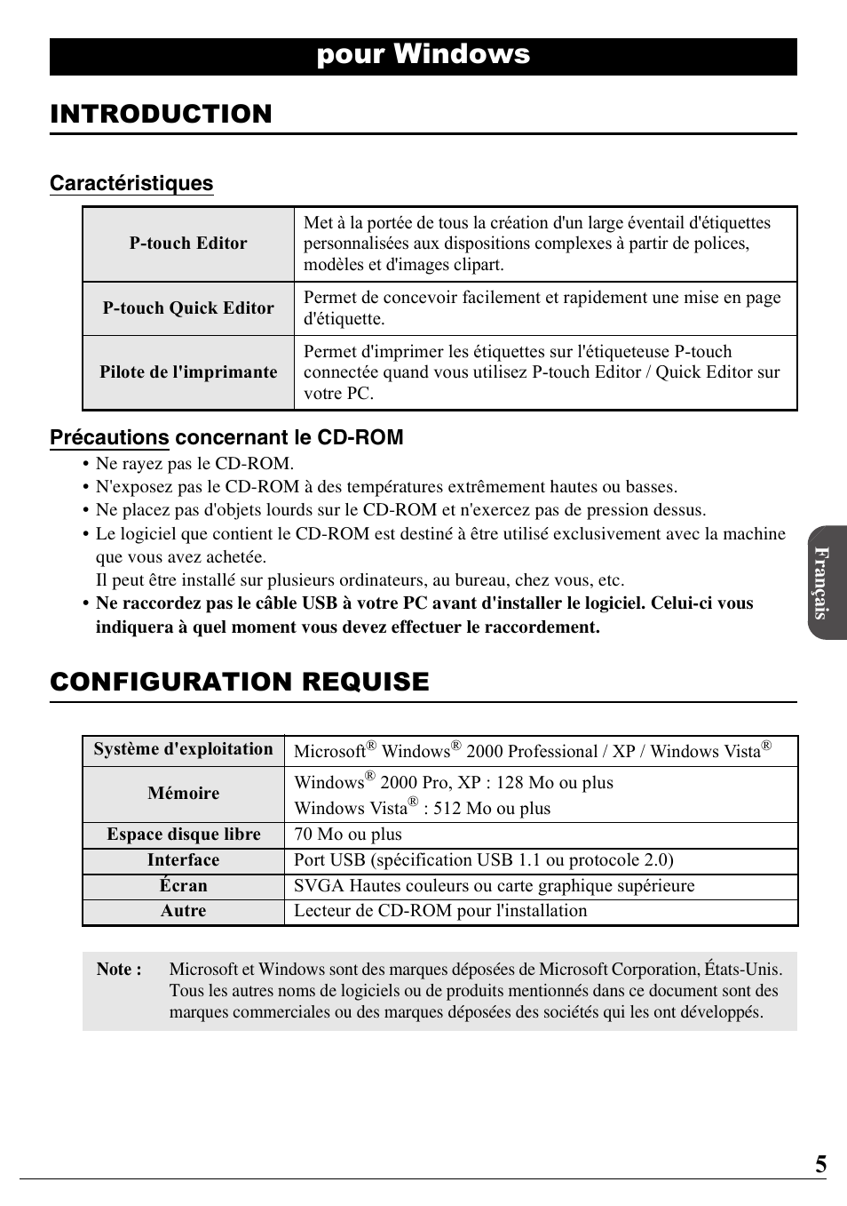 Français, Pour windows, Introduction | Configuration requise | Brother PT-2100 User Manual | Page 6 / 46