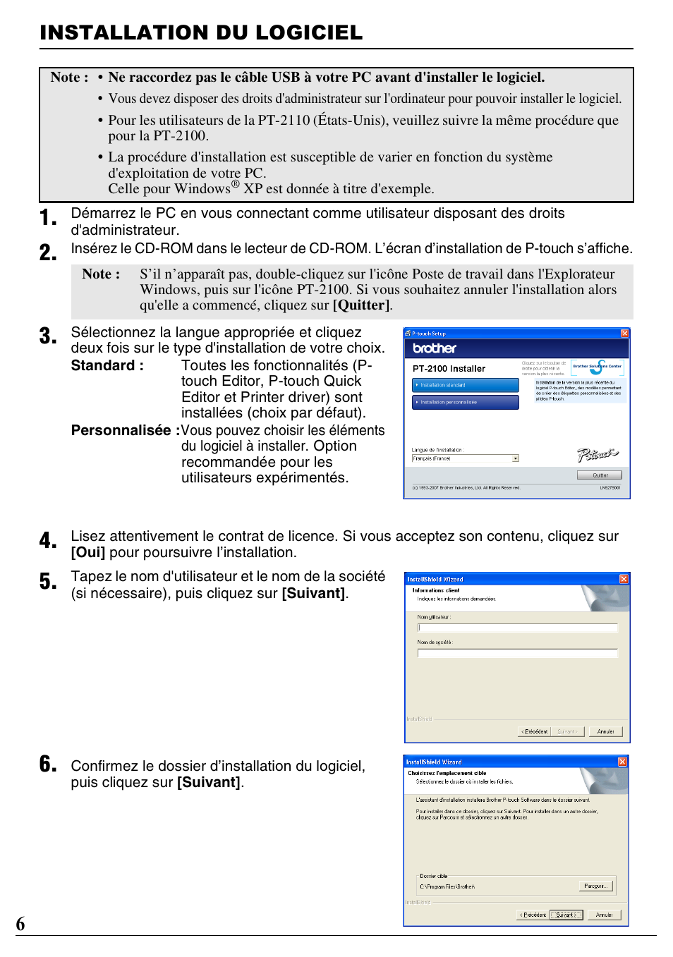 Installation du logiciel, 6installation du logiciel | Brother PT-2100 User Manual | Page 7 / 46