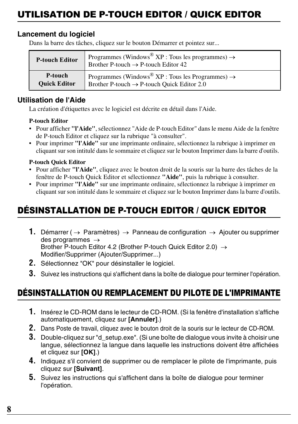 Utilisation de p-touch editor / quick editor, Désinstallation de p-touch editor / quick editor, 8utilisation de p-touch editor / quick editor | Brother PT-2100 User Manual | Page 9 / 46