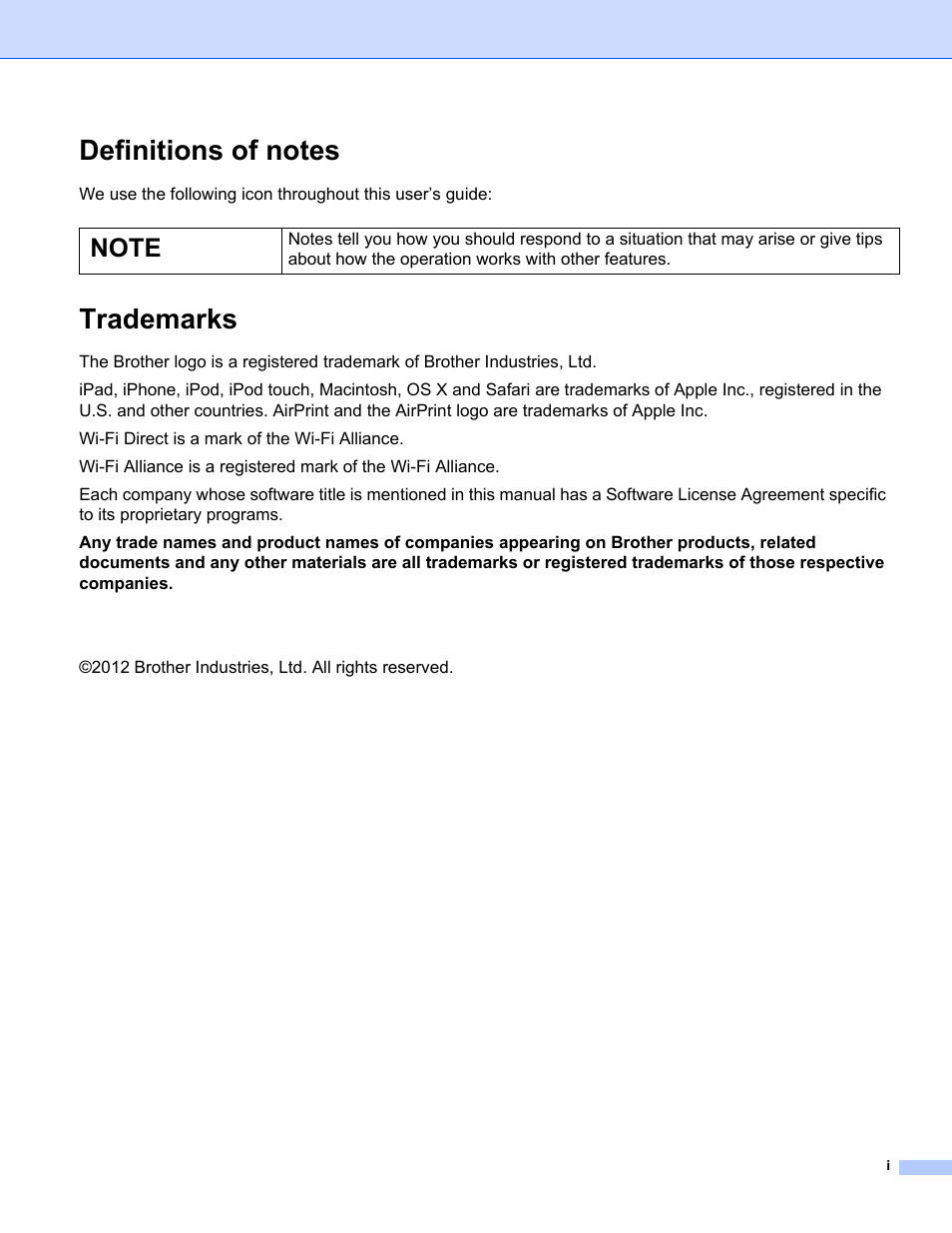 Definitions of notes, Trademarks | Brother DCP-9020CDW User Manual | Page 2 / 12
