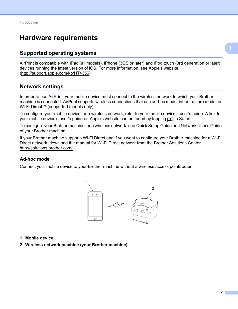 Hardware requirements, Supported operating systems, Network settings | Ad-hoc mode, Supported operating systems network settings | Brother DCP-9020CDW User Manual | Page 5 / 12