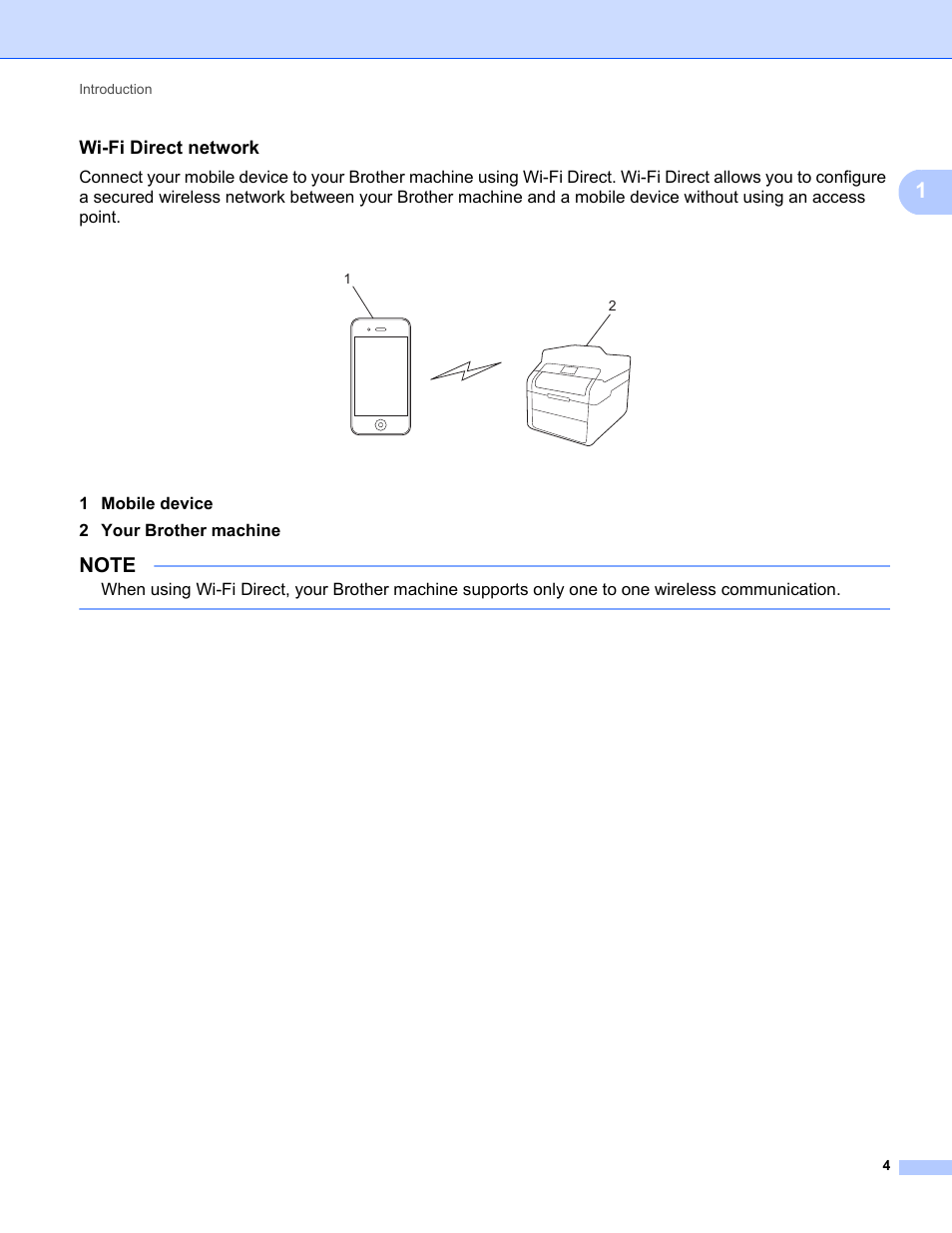 Wi-fi direct network, 1 mobile device 2 your brother machine | Brother DCP-9020CDW User Manual | Page 7 / 12