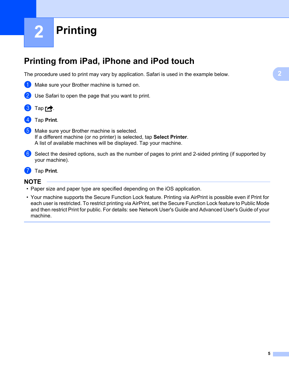 2 printing, Printing from ipad, iphone and ipod touch, Printing | Brother DCP-9020CDW User Manual | Page 8 / 12