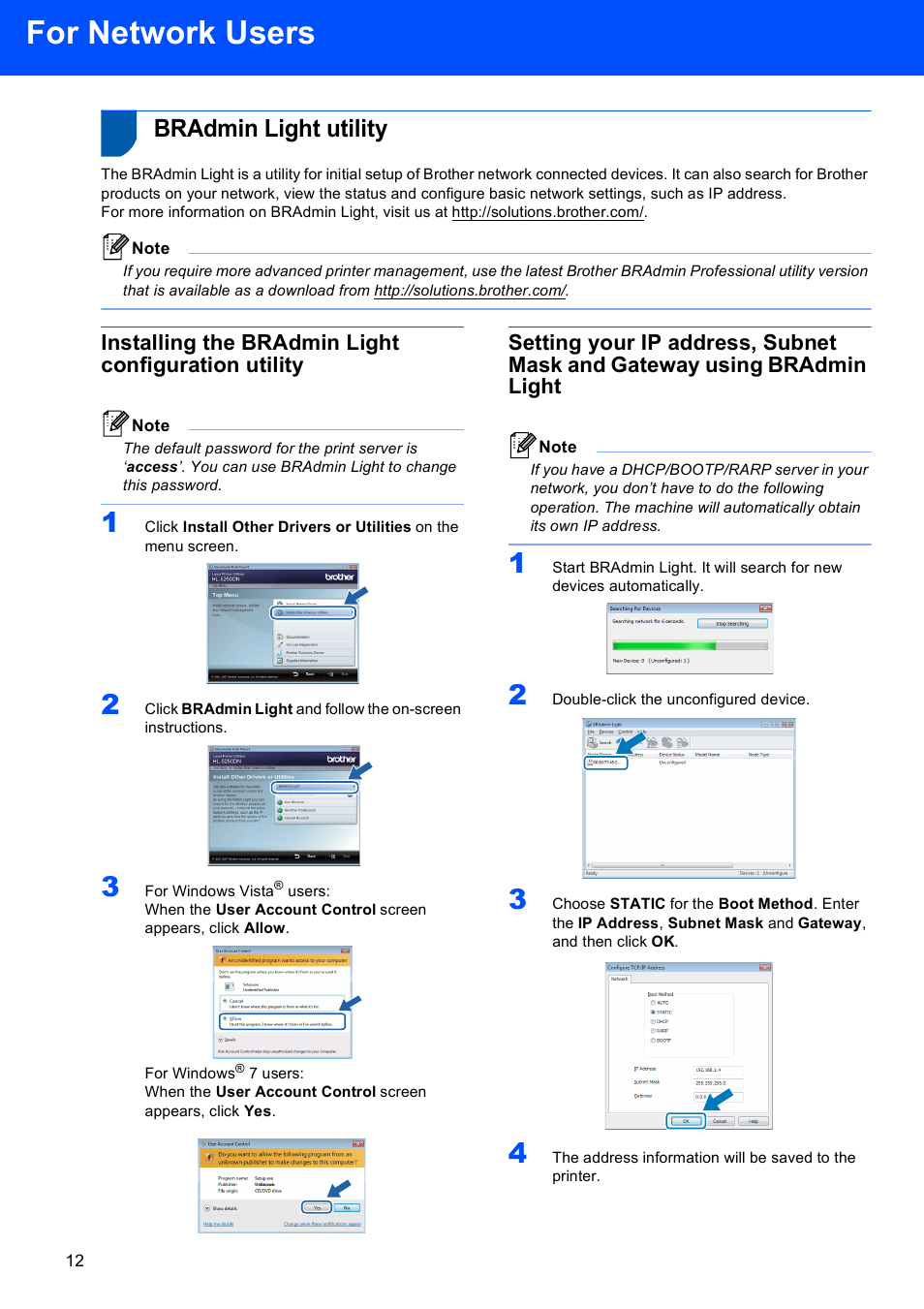 For network users, Bradmin light utility, Installing the bradmin light configuration utility | Brother HL 2040 User Manual | Page 14 / 17