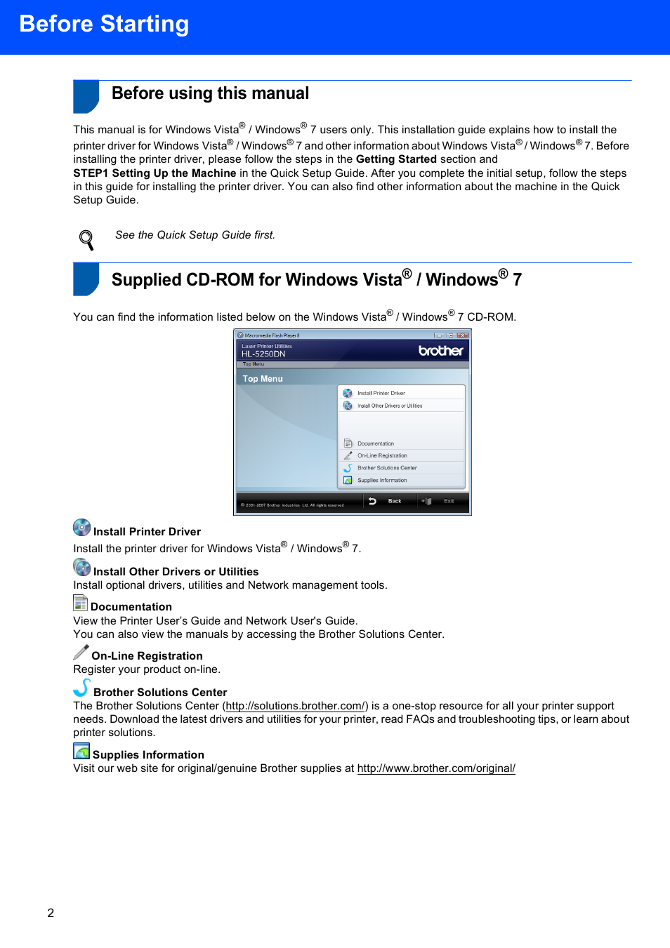 Before starting, Before using this manual, Supplied cd-rom for windows vista® / windows® 7 | Windows, Supplied cd-rom for windows vista | Brother HL 2040 User Manual | Page 4 / 17