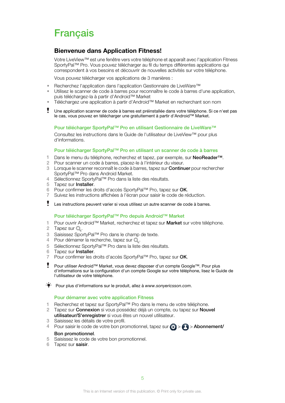 Français, Bienvenue dans application fitness | Sony Ericsson Fitness Experience Pack XP111(XP111) User Manual | Page 5 / 9