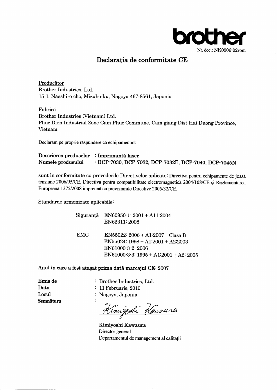 Brother, Declaratia de conformitate ce | Brother DCP-7045N User Manual | Page 17 / 21