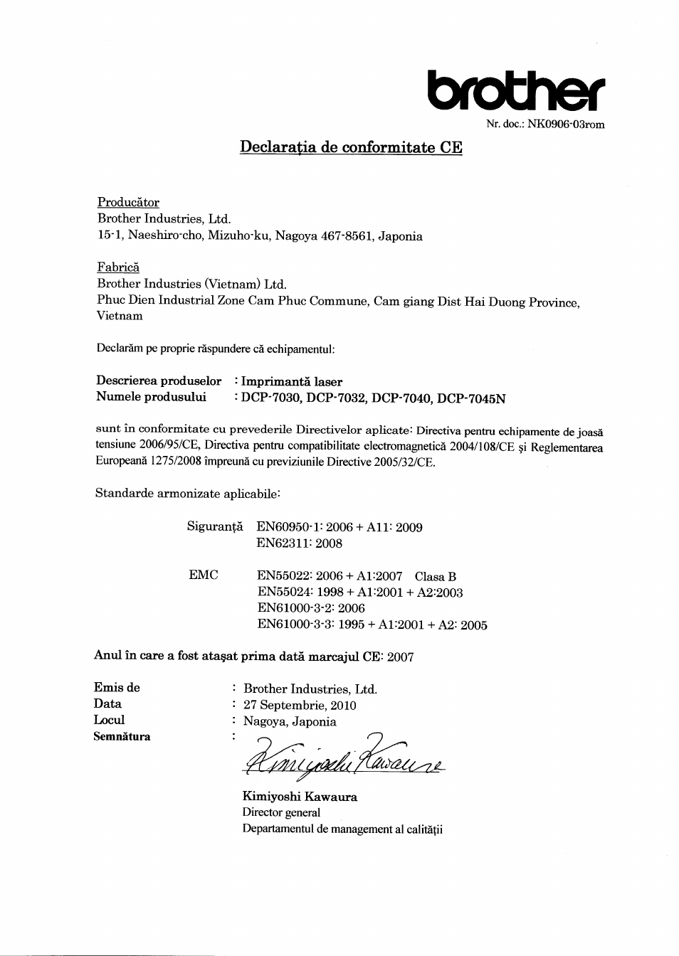 Broüier, Declaratia de conformitate ce | Brother DCP-7045N User Manual | Page 18 / 21