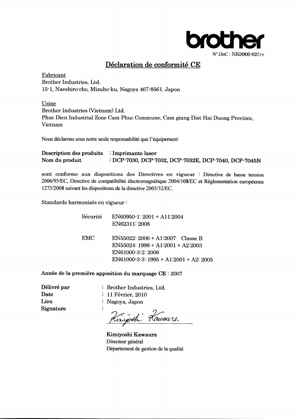 Brother, Déclaration de conformité ce | Brother DCP-7045N User Manual | Page 5 / 21