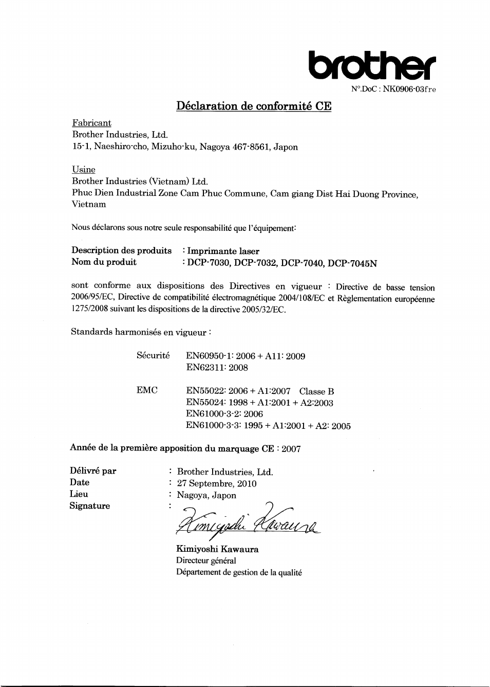 Brother, Déclaration de conformité ce | Brother DCP-7045N User Manual | Page 6 / 21