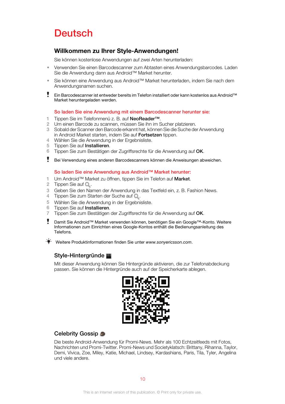 Deutsch, Willkommen zu ihrer style-anwendungen | Sony Ericsson Design Experience Pack XP131(XP131) User Manual | Page 10 / 13