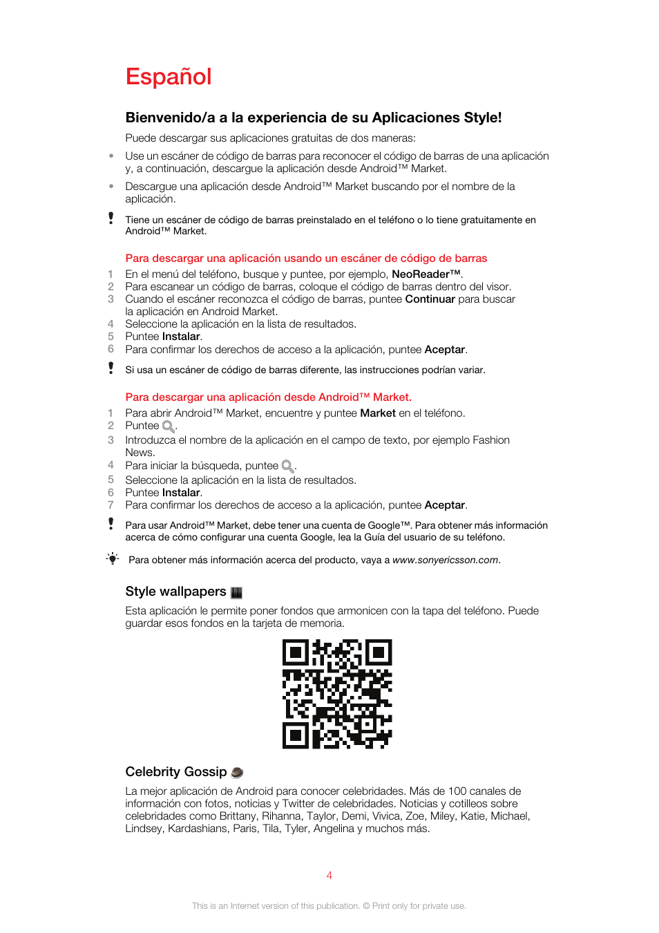 Español | Sony Ericsson Design Experience Pack XP131(XP131) User Manual | Page 4 / 13