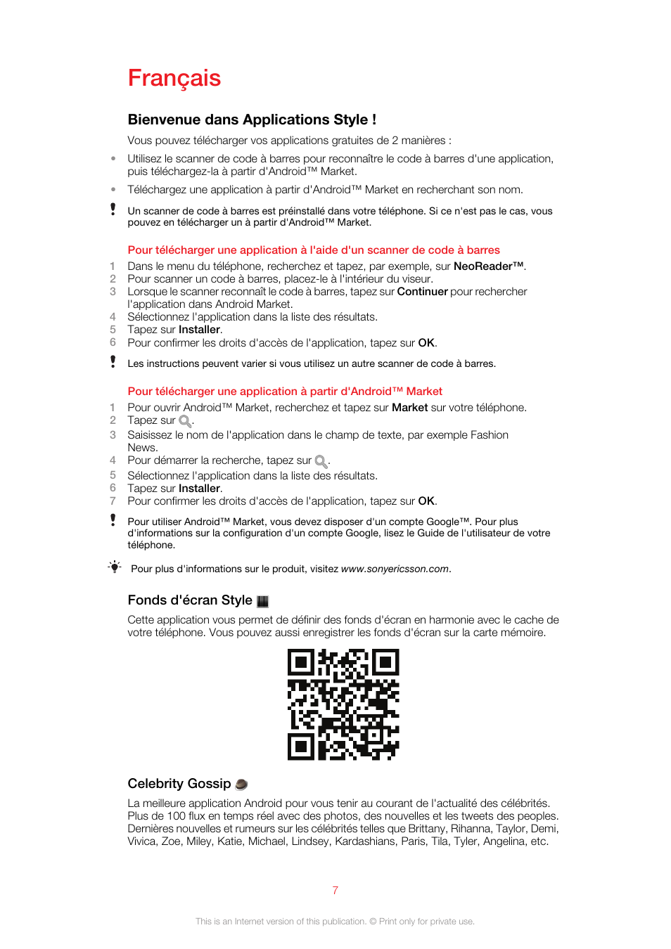 Français, Bienvenue dans applications style | Sony Ericsson Design Experience Pack XP131(XP131) User Manual | Page 7 / 13