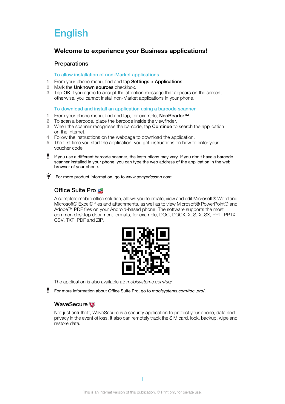 Sony Ericsson Business Experience Pack XP121(XP121) User Manual | 9 pages
