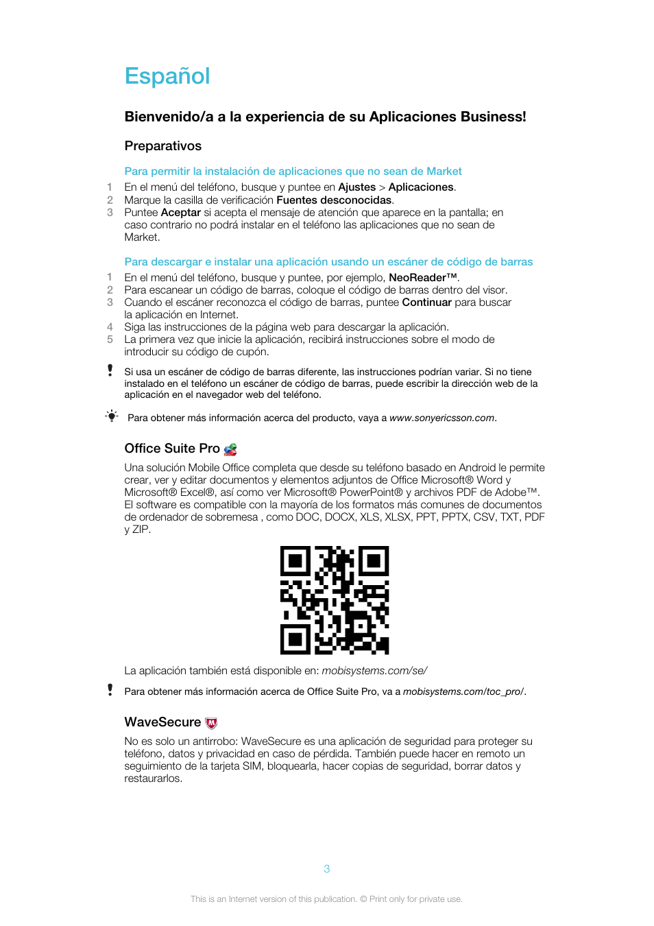 Español | Sony Ericsson Business Experience Pack XP121(XP121) User Manual | Page 3 / 9