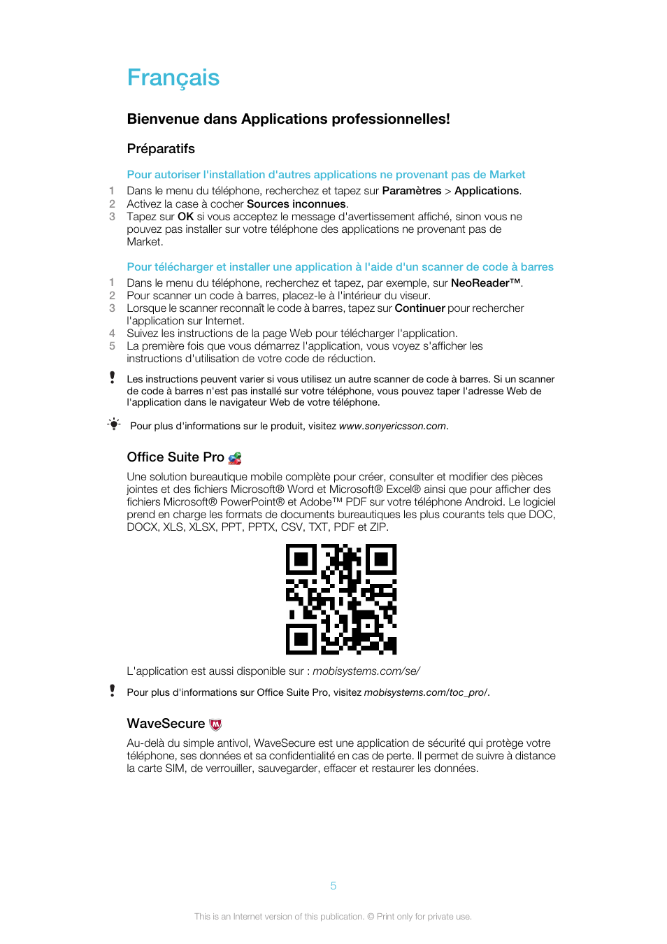 Français, Bienvenue dans applications professionnelles | Sony Ericsson Business Experience Pack XP121(XP121) User Manual | Page 5 / 9