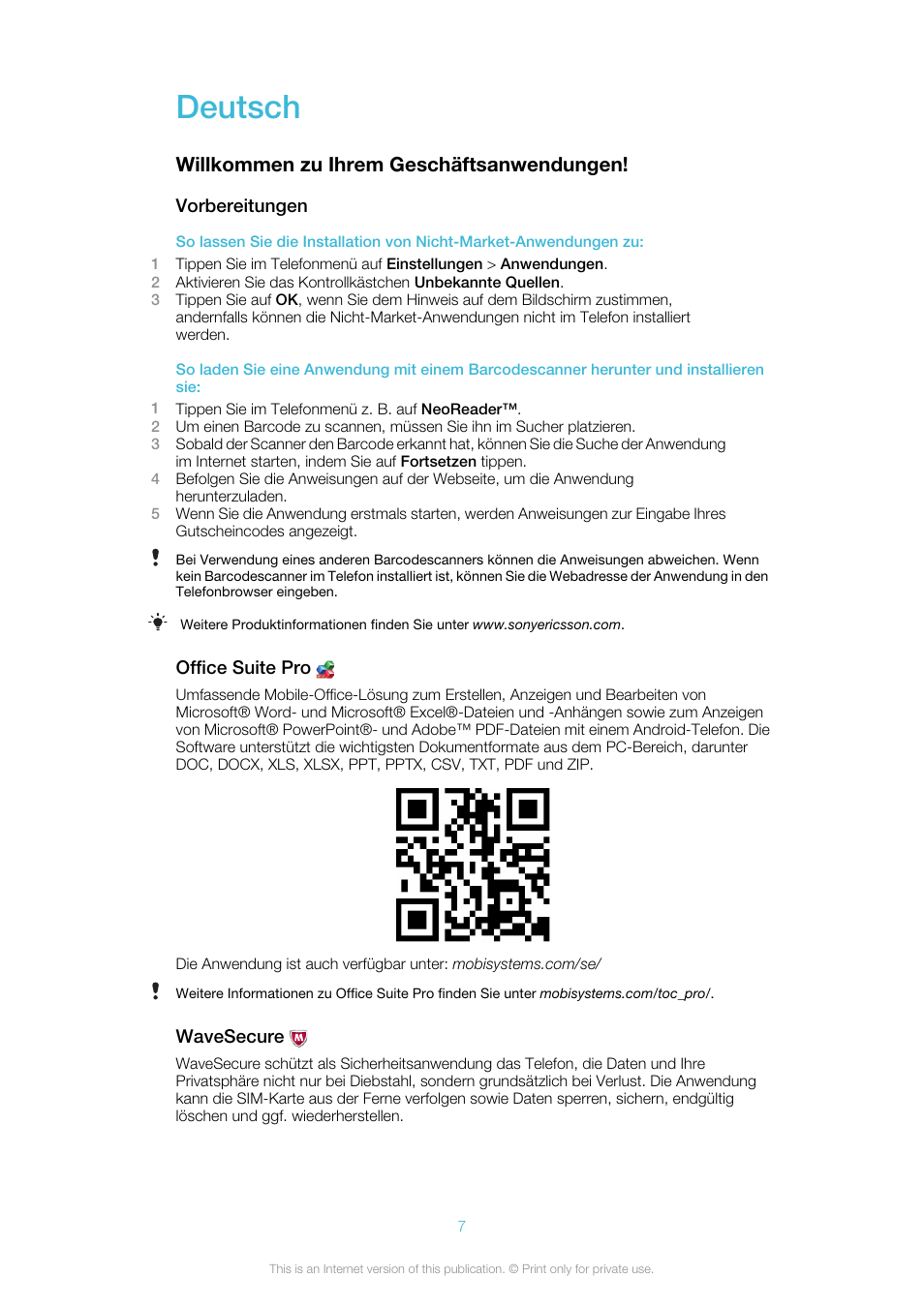 Deutsch, Willkommen zu ihrem geschäftsanwendungen | Sony Ericsson Business Experience Pack XP121(XP121) User Manual | Page 7 / 9
