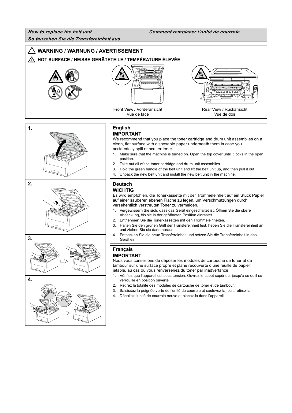 How to replace the belt unit, So tauschen sie die transfereinheit aus, Comment remplacer l’unité de courroie | Warning / warnung / avertissement | Brother HL-3140CW User Manual | Page 2 / 22