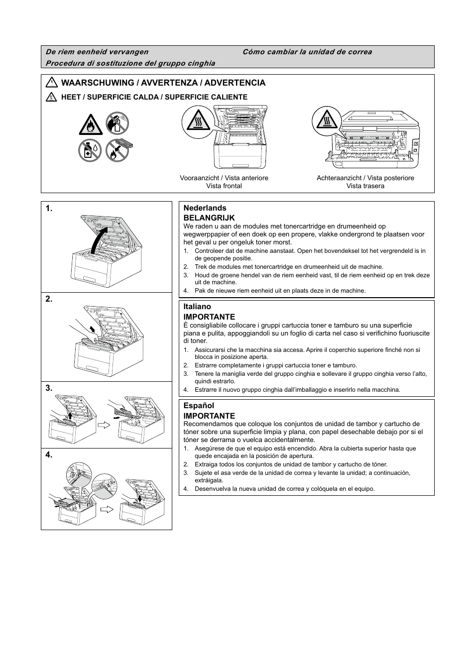 De riem eenheid vervangen, Procedura di sostituzione del gruppo cinghia, Cómo cambiar la unidad de correa | Waarschuwing / avvertenza / advertencia | Brother HL-3140CW User Manual | Page 4 / 22