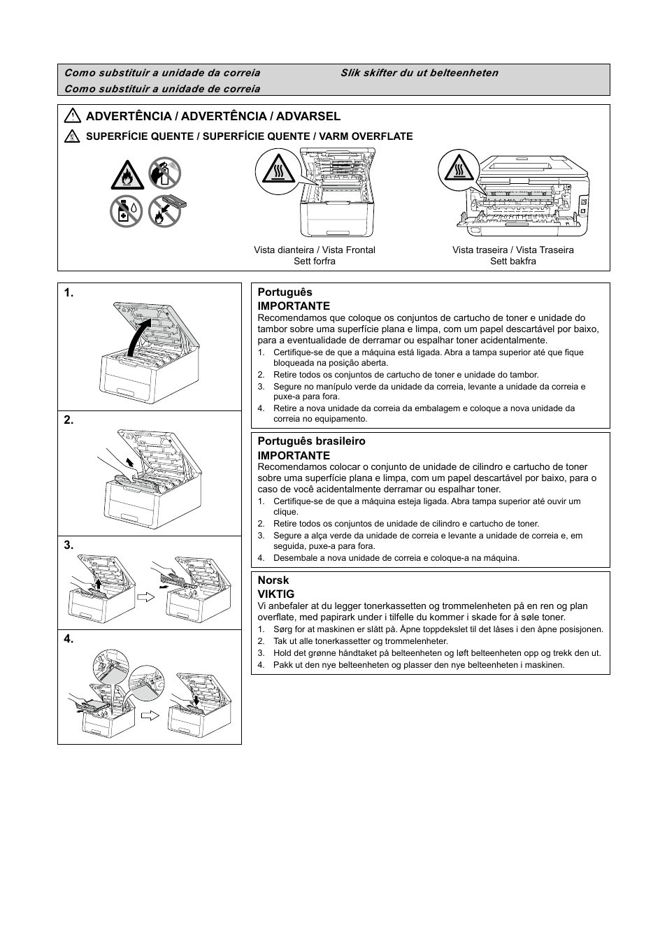Slik skifter du ut belteenheten, Advertência / advertência / advarsel | Brother HL-3140CW User Manual | Page 6 / 22