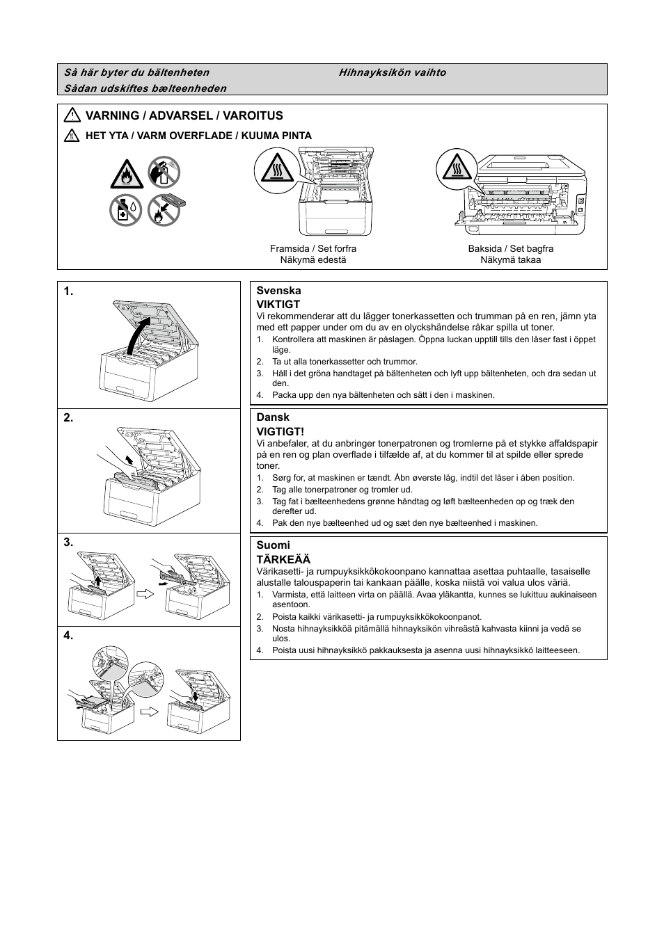 Så här byter du bältenheten, Sådan udskiftes bælteenheden, Hihnayksikön vaihto | Varning / advarsel / varoitus | Brother HL-3140CW User Manual | Page 8 / 22
