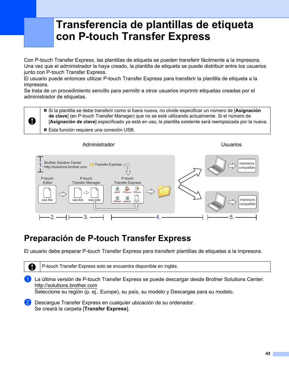 Preparación de p-touch transfer express | Brother QL-720NW User Manual | Page 43 / 90