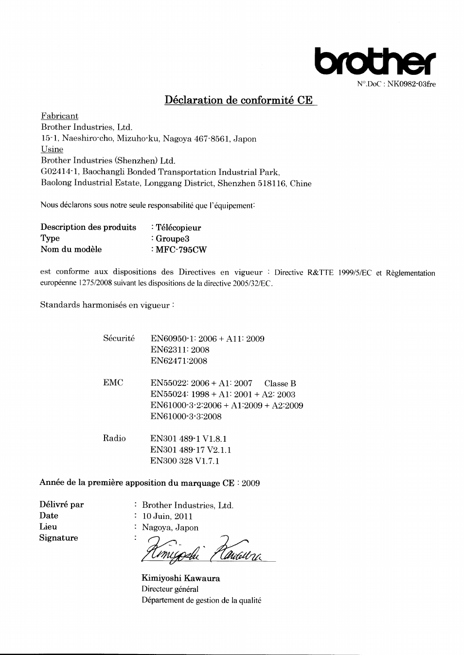 Déclaration de conformité ce, Brother | Brother MFC-795CW User Manual | Page 2 / 3