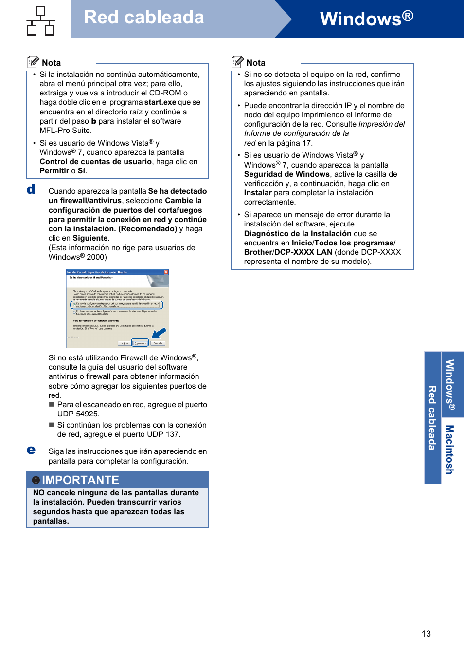 Windows, Red cableada, Importante | Brother DCP-7055 User Manual | Page 13 / 20