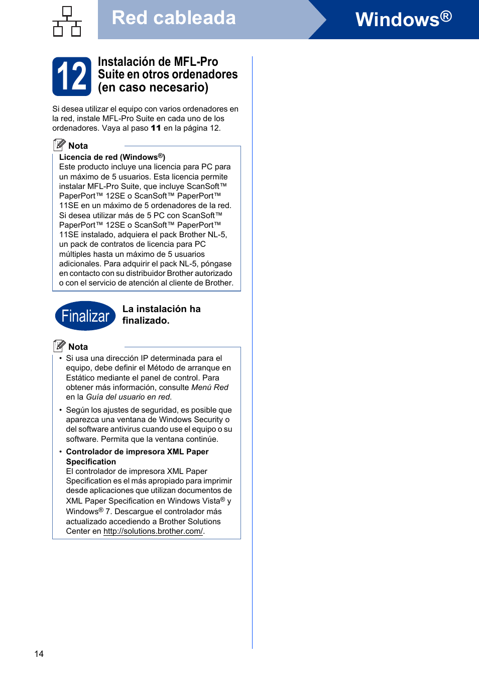 Windows, Red cableada, Finalizar | Brother DCP-7055 User Manual | Page 14 / 20