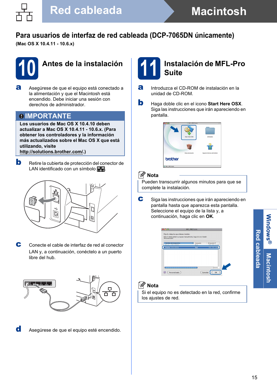 10 antes de la instalación, 11 instalación de mfl-pro suite, Macintosh red cableada | Brother DCP-7055 User Manual | Page 15 / 20