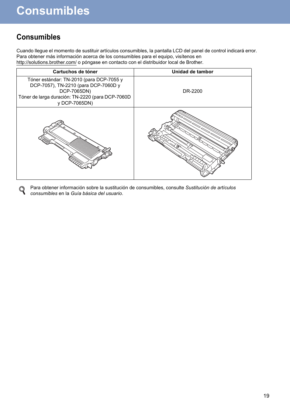 Consumibles | Brother DCP-7055 User Manual | Page 19 / 20