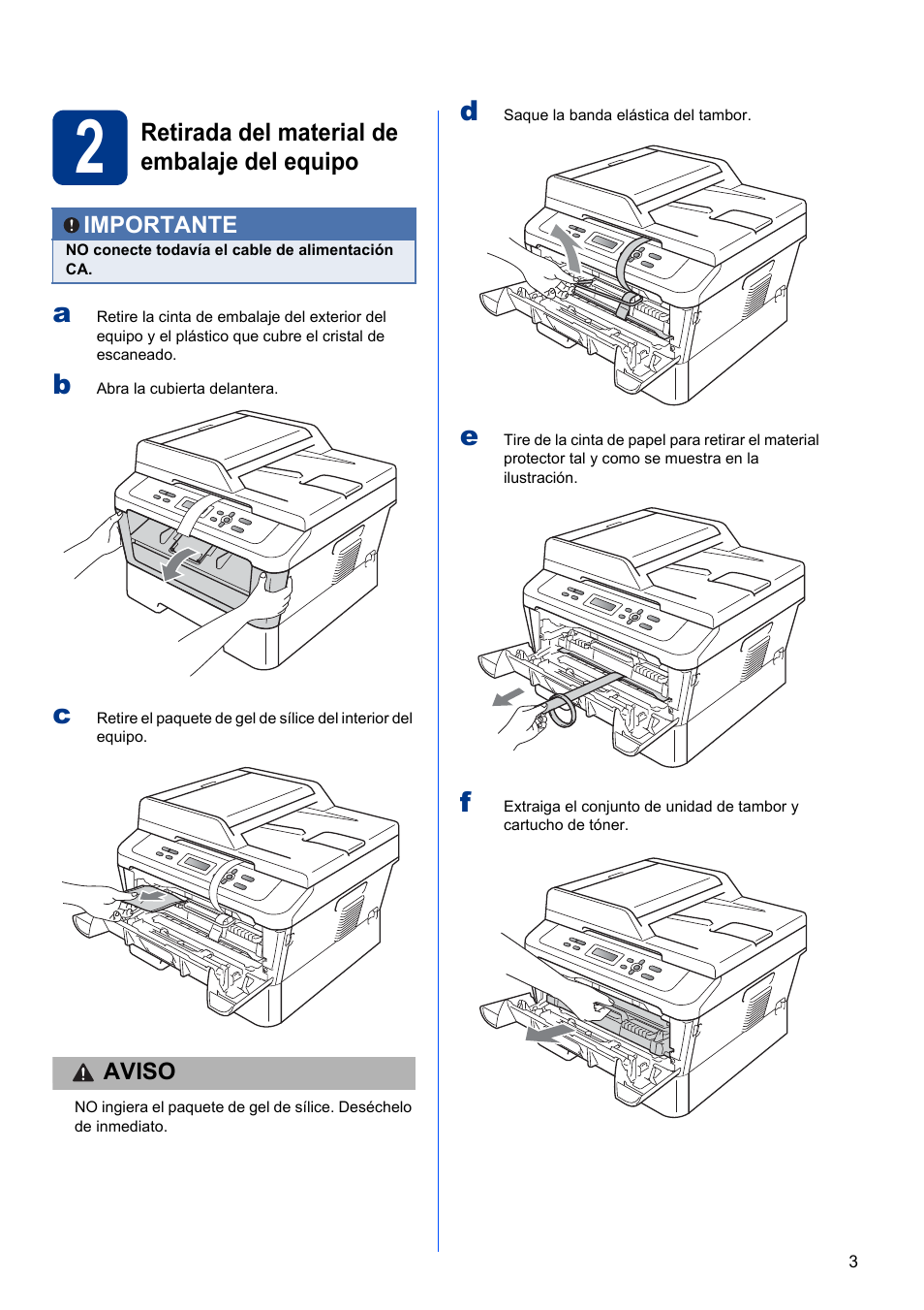 2 retirada del material de embalaje del equipo | Brother DCP-7055 User Manual | Page 3 / 20