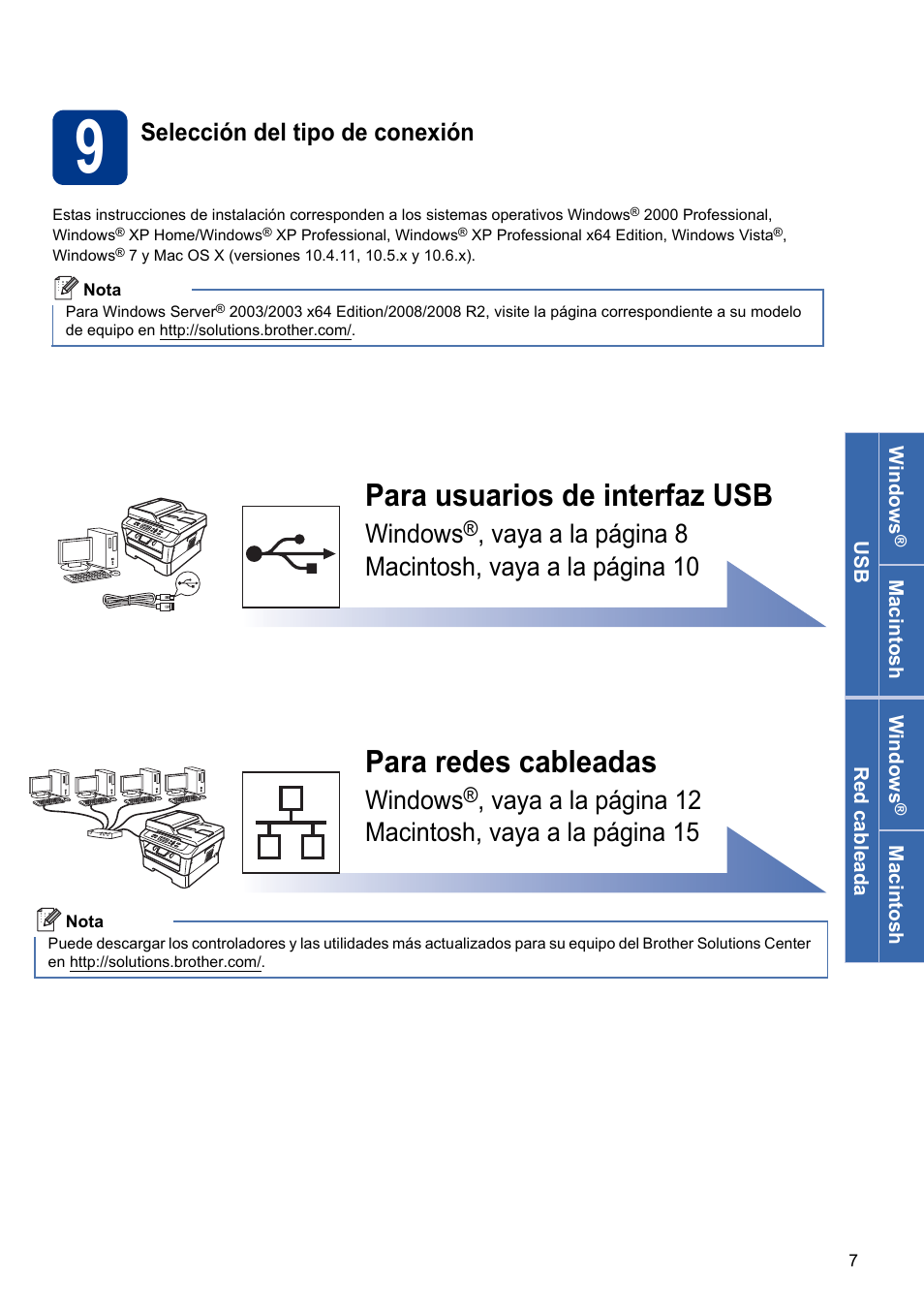 9 selección del tipo de conexión, Para usuarios de interfaz usb, Para redes cableadas | Windows, Vaya a la página 8 macintosh, vaya a la página 10, Vaya a la página 12 macintosh, vaya a la página 15, Selección del tipo de conexión | Brother DCP-7055 User Manual | Page 7 / 20