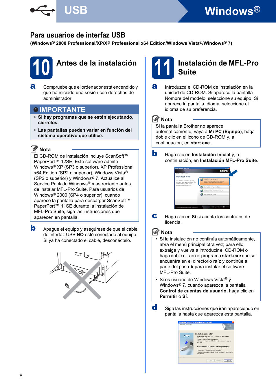 10 antes de la instalación, 11 instalación de mfl-pro suite, Windows | Para usuarios de interfaz usb, Antes de la instalación, Instalación de mfl-pro suite, Importante | Brother DCP-7055 User Manual | Page 8 / 20
