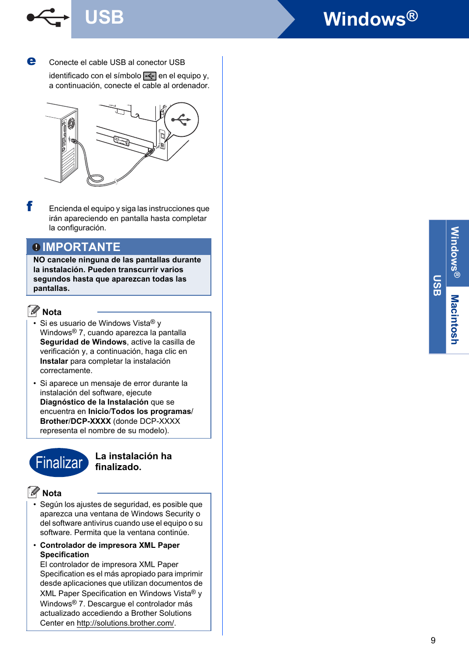 Windows, Finalizar, Importante | Brother DCP-7055 User Manual | Page 9 / 20