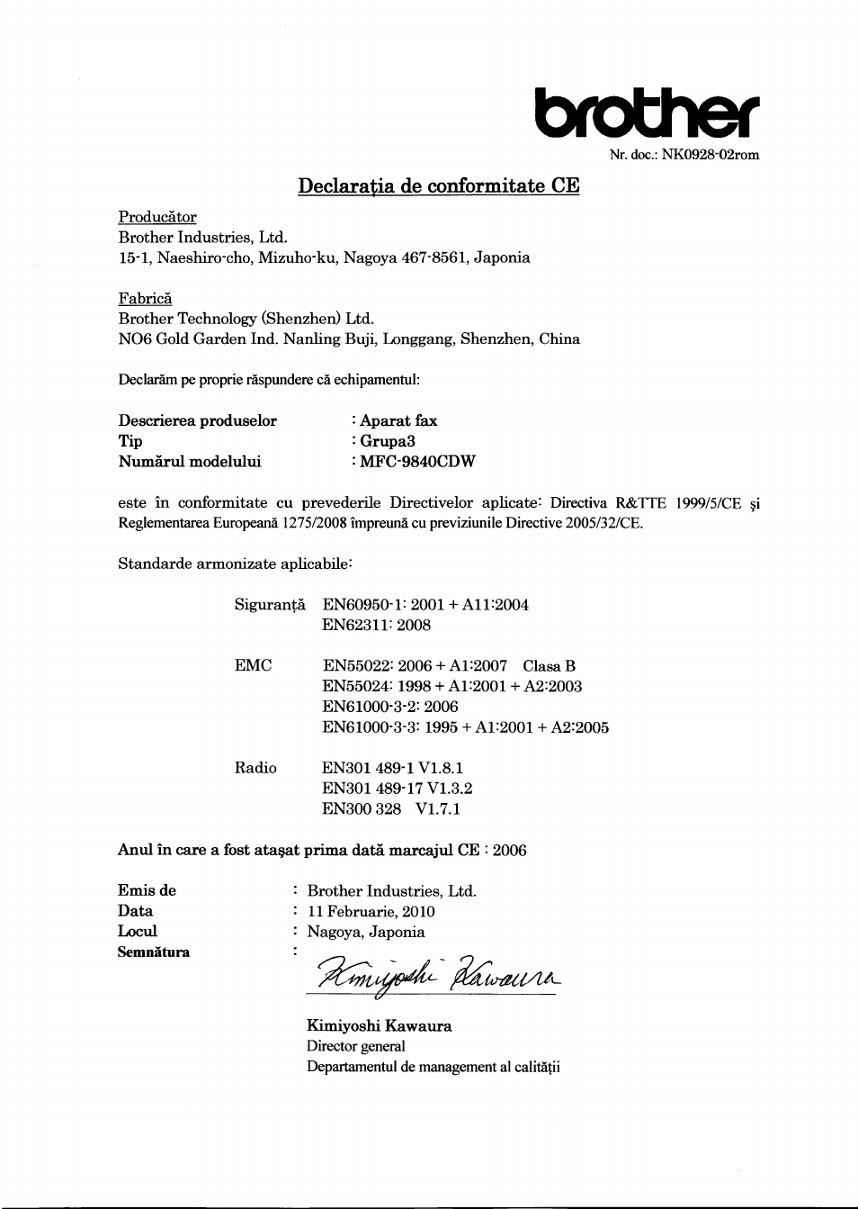 Declaratia de conformitate ce, Brother | Brother MFC 9840CDW User Manual | Page 17 / 21